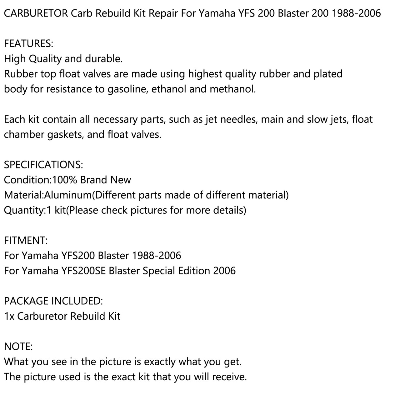 Carburetor CARB Rebuild Repair Kit For Yamaha YFS200 Blaster 88-06 YFS200SE Blaster Special Edition 06 Black