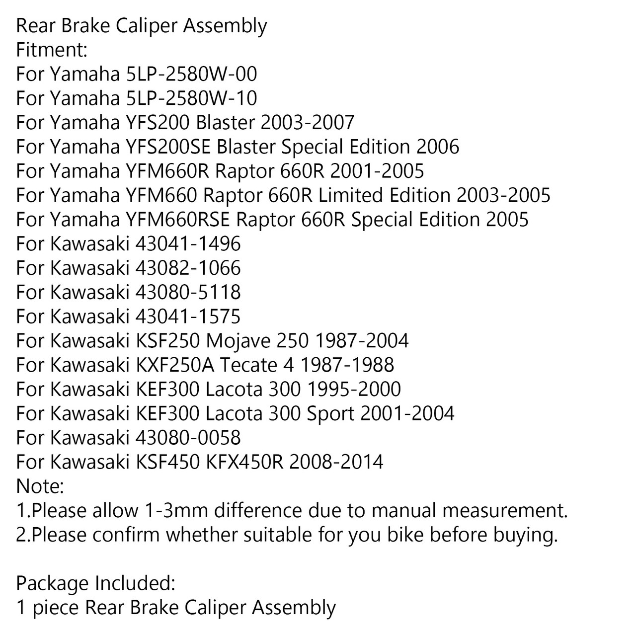 Rear Brake Caliper Assembly For Yamaha 5LP-2580W-00 10 YFS200 03-07 YFS200SE 06 YFM660R 01-05 YFM660 03-05 YFM660RSE 05 Black