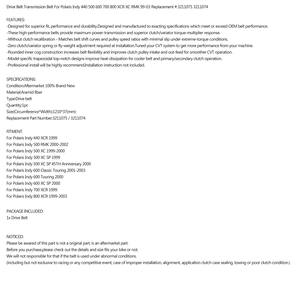 Primary Drive Clutch Belt For Polaris Indy 500 XC SP 45TH Anniversary 600 Touring XC SP 2000 600 Classic Touring 01-03 700 XCR 99 800 XCR 99-03 Black