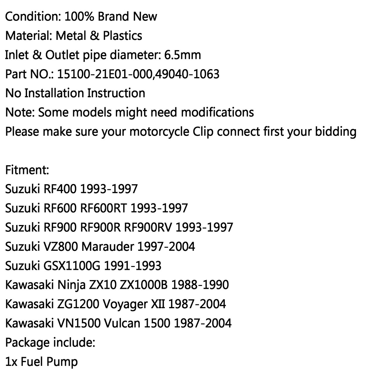 Fuel Gas Pump For Kawasaki Ninja ZX10 88-90 ZG1200 87-04 VN1500 VN-15 88-99 Vulcan 88 1500L 94-97 88 SE 87-92 1500 Classic 96-04 Silver