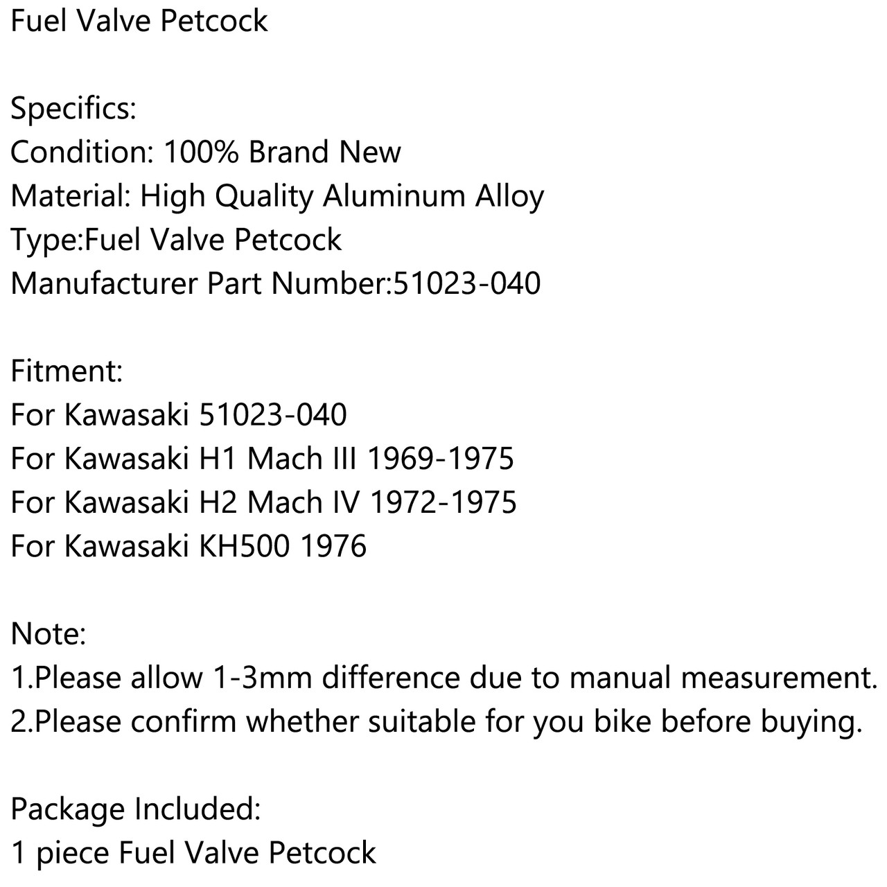Gas Fuel Petrol Valve Petcock 51023-040 For Kawasaki 51023-040 H1 Mach III 69-75 H2 Mach IV 72-75 KH500 76 Silver