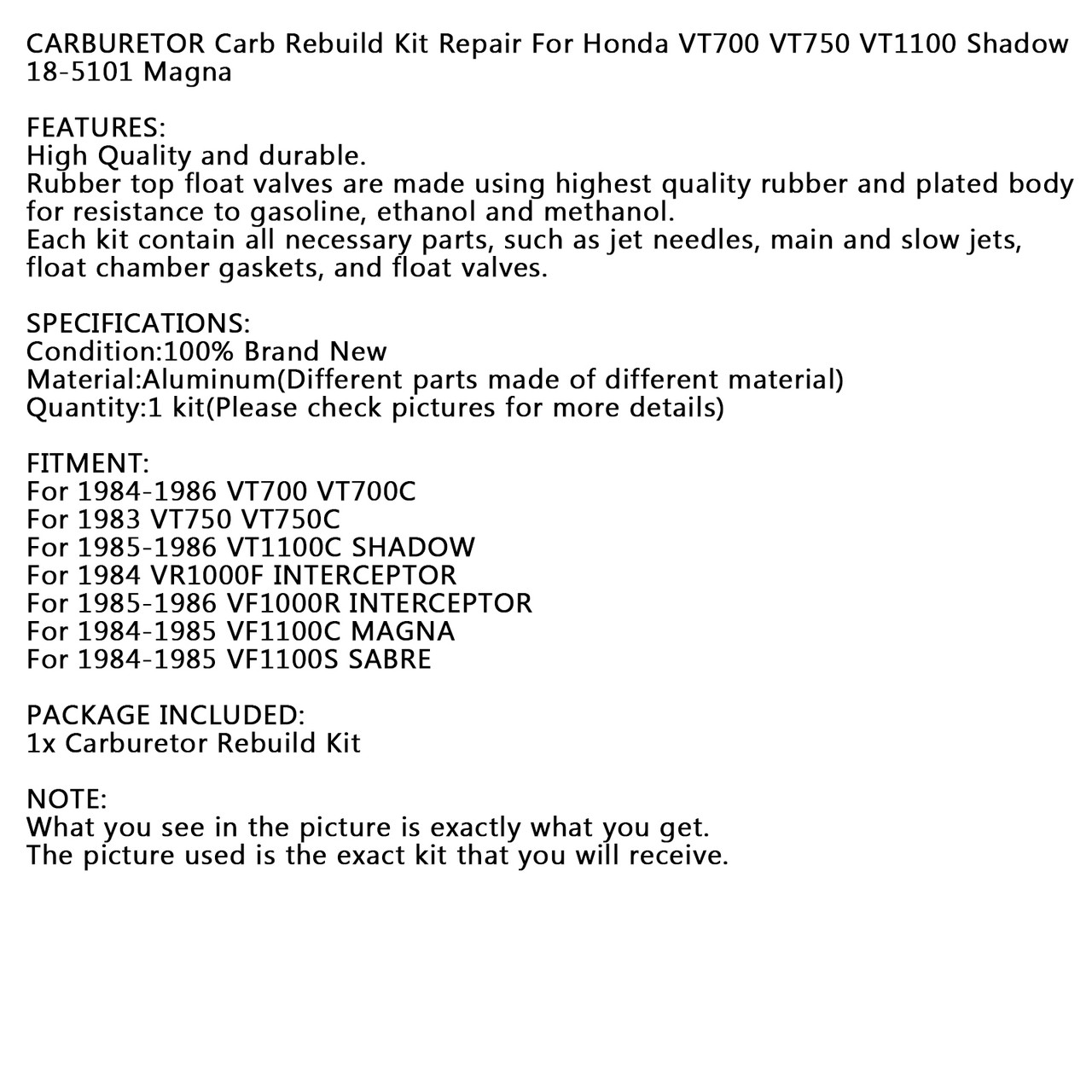 Deluxe Carburetor Rebuild Kit For Honda Shadow VT700, VT750, VT1100 – Includes Float, Needle Valve, Seats, Viton Tip, Made In Taiwan