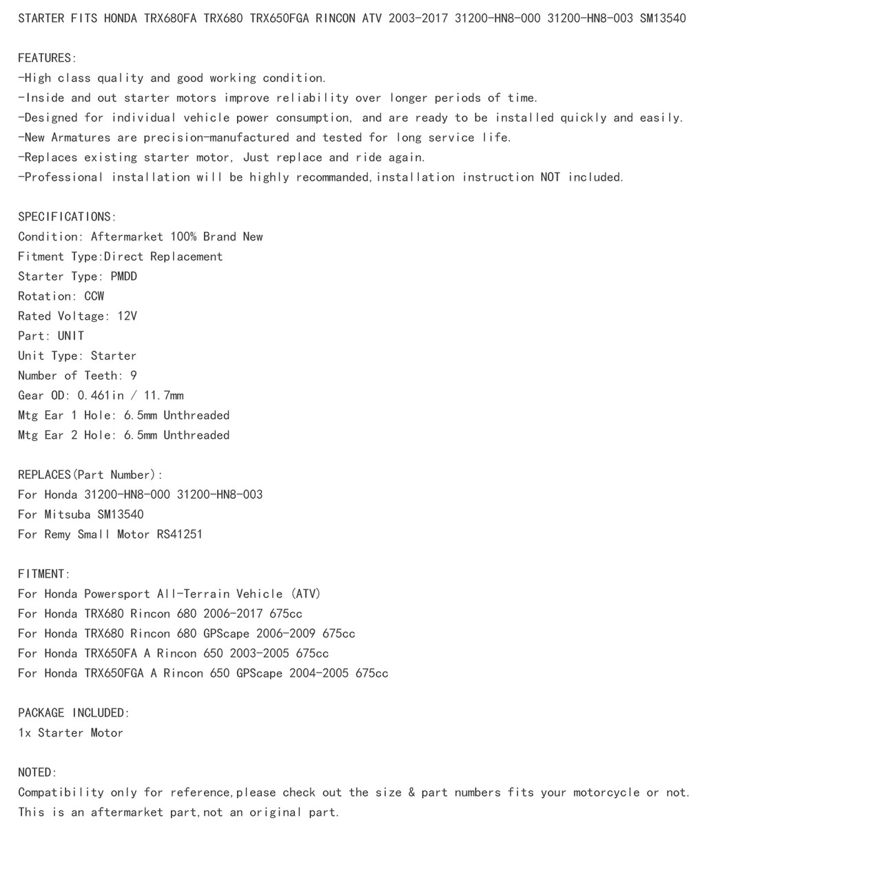 Starter For Honda Powersport TRX680 Rincon 680 06-17 GPScape 06-09 TRX650FA A Rincon 650 03-05 GPScape 04-05 Silver