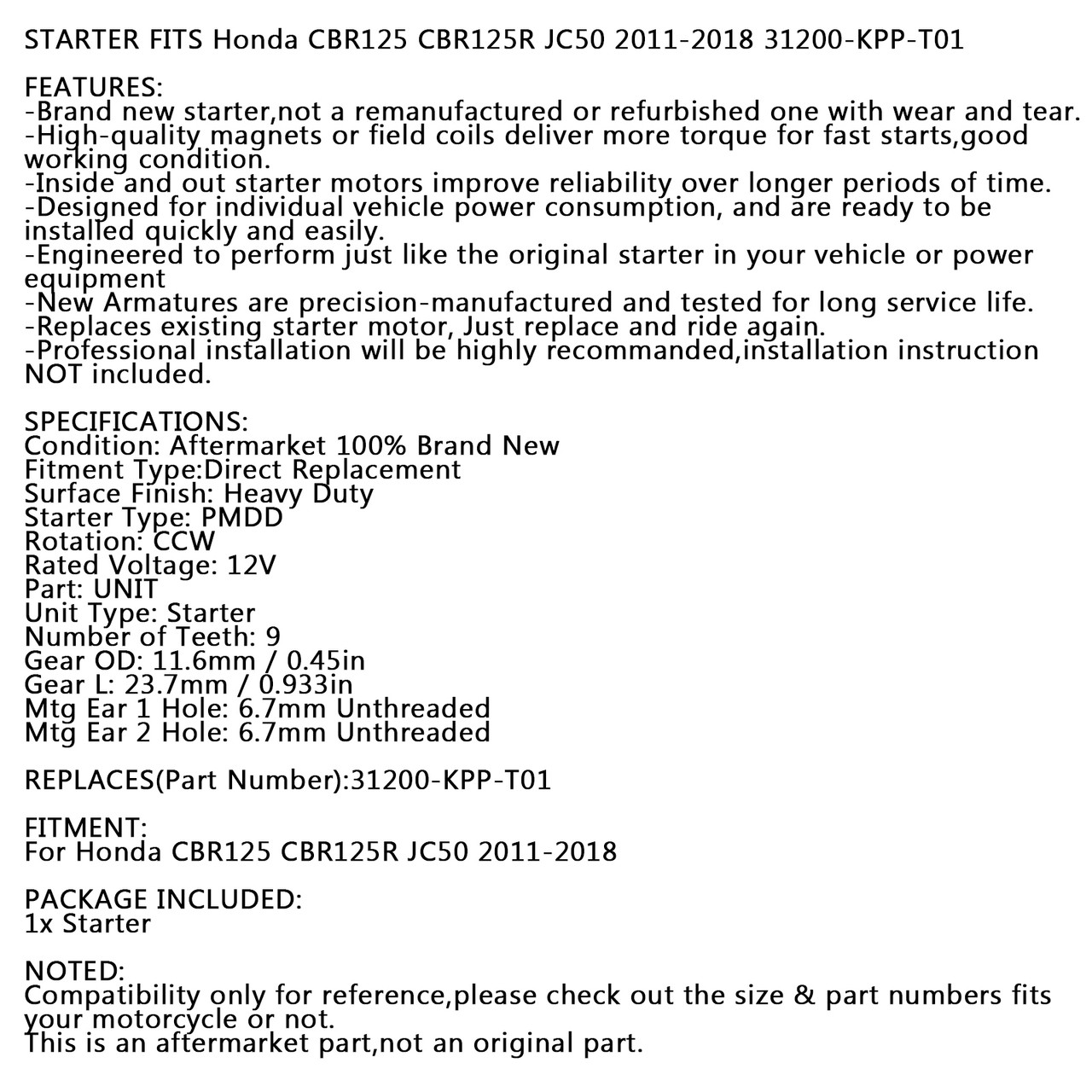 Starter For Honda CBR125 CBR125R JC50 2011-2018 Silver