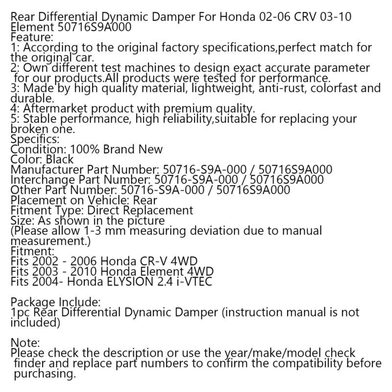 Rear Differential Dynamic Damper For Honda 02-06 CRV Element 03-10 ELYSION 2.4 i-VTEC 04 Black