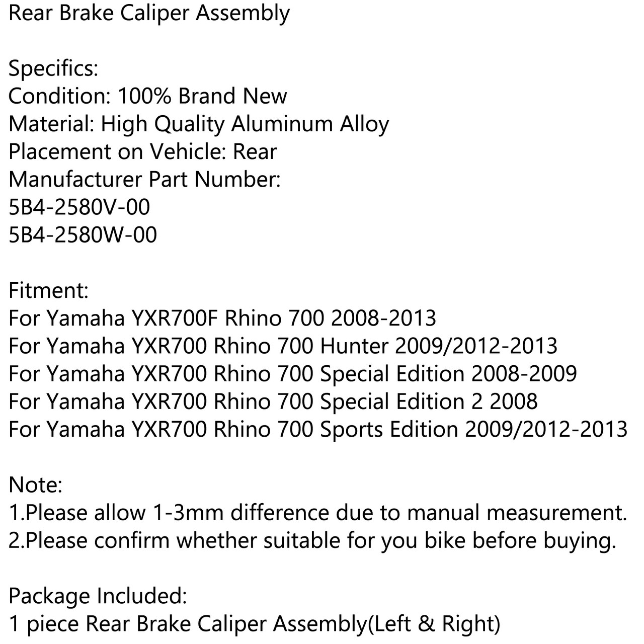 Rear Brake Caliper Assembly For Yamaha YXR700F Rhino 700 08-13 700 Hunter 09/12-13 Special Edition 08-09 Sports Edition 09/12-13 Silver