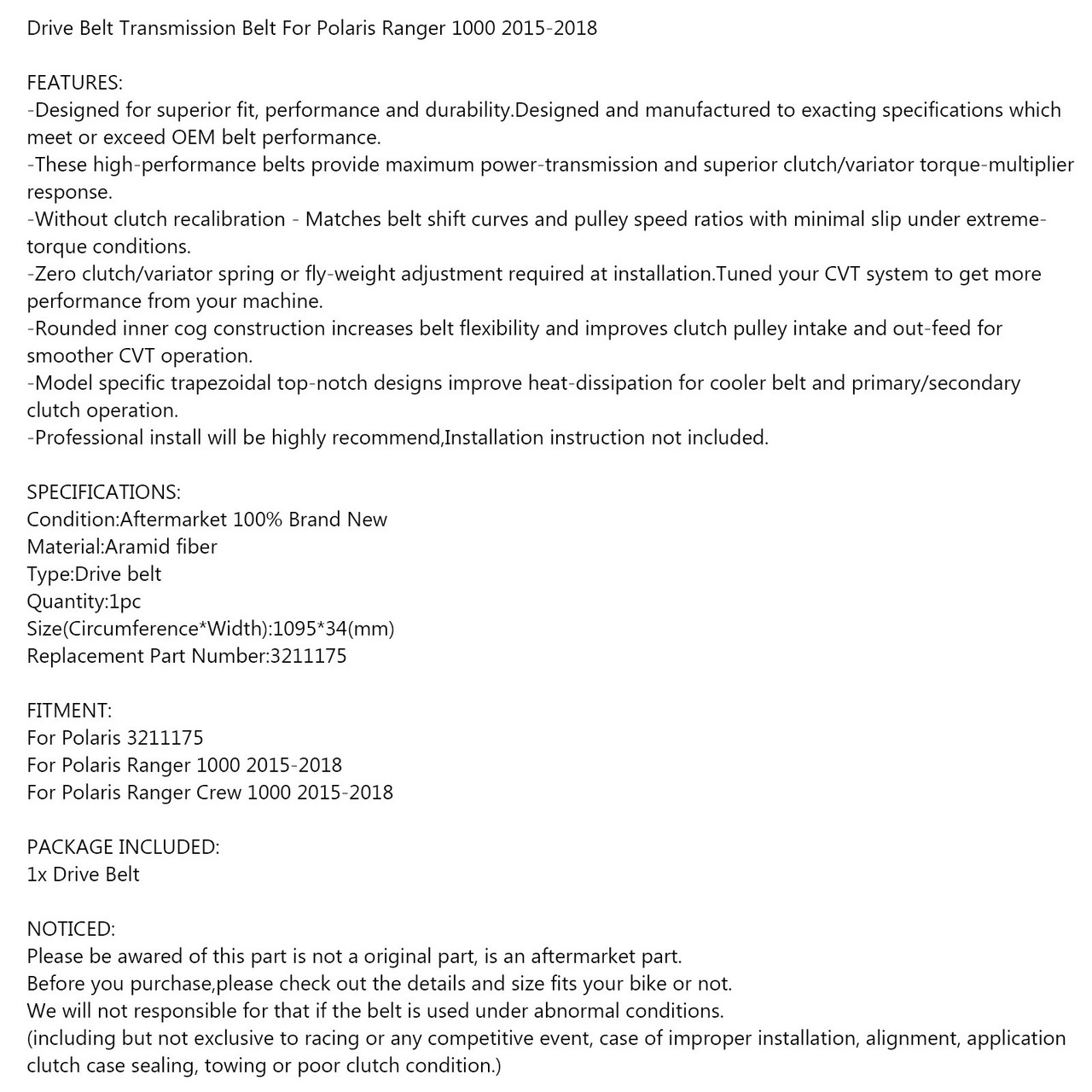 Drive Belt 3211175 for Polaris Ranger 1000 Ranger Crew 1000 2015-2018 Black