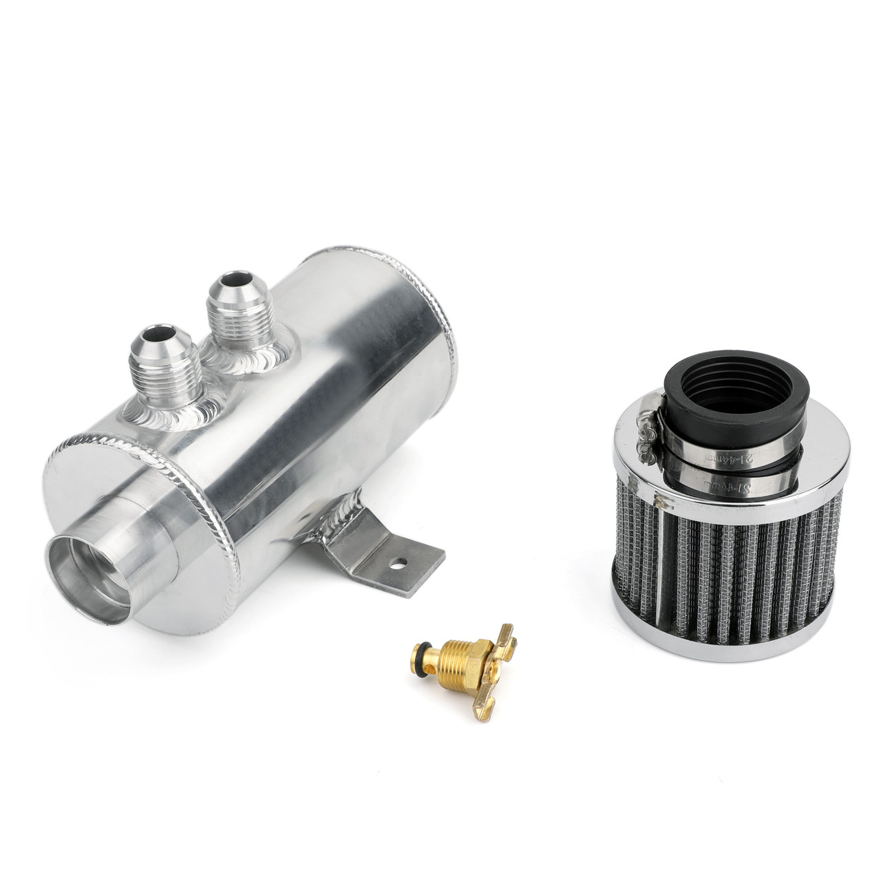 Aluminium Baffled Engine Oil Catch Can 2x AN10 Twin Port Breather Filter Silver