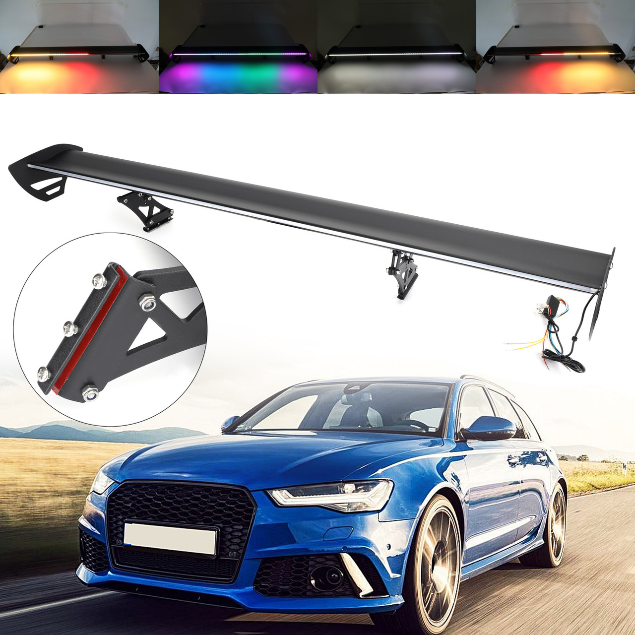 Universal Sedan Adjustable Aluminum Rear Trunk Wing Racing Spoiler With LED Black