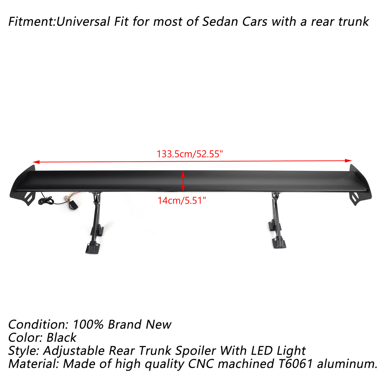 Universal Sedan Adjustable Aluminum Rear Trunk Wing Racing Spoiler W/ LED Light Black