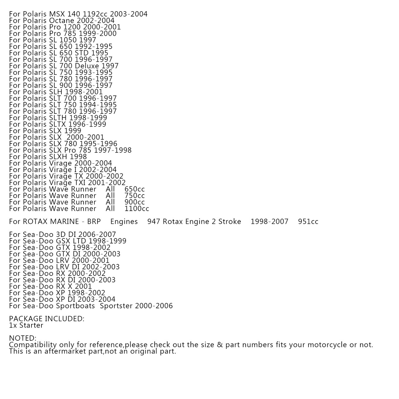 STARTER Engine Starting 9-Spline For Polaris Genesis 1165cc Hurricane MSX Octane Pro 1200 Pro 785 SL 1050 650 700 780 900 SLX SLTX Virage Wave Runner