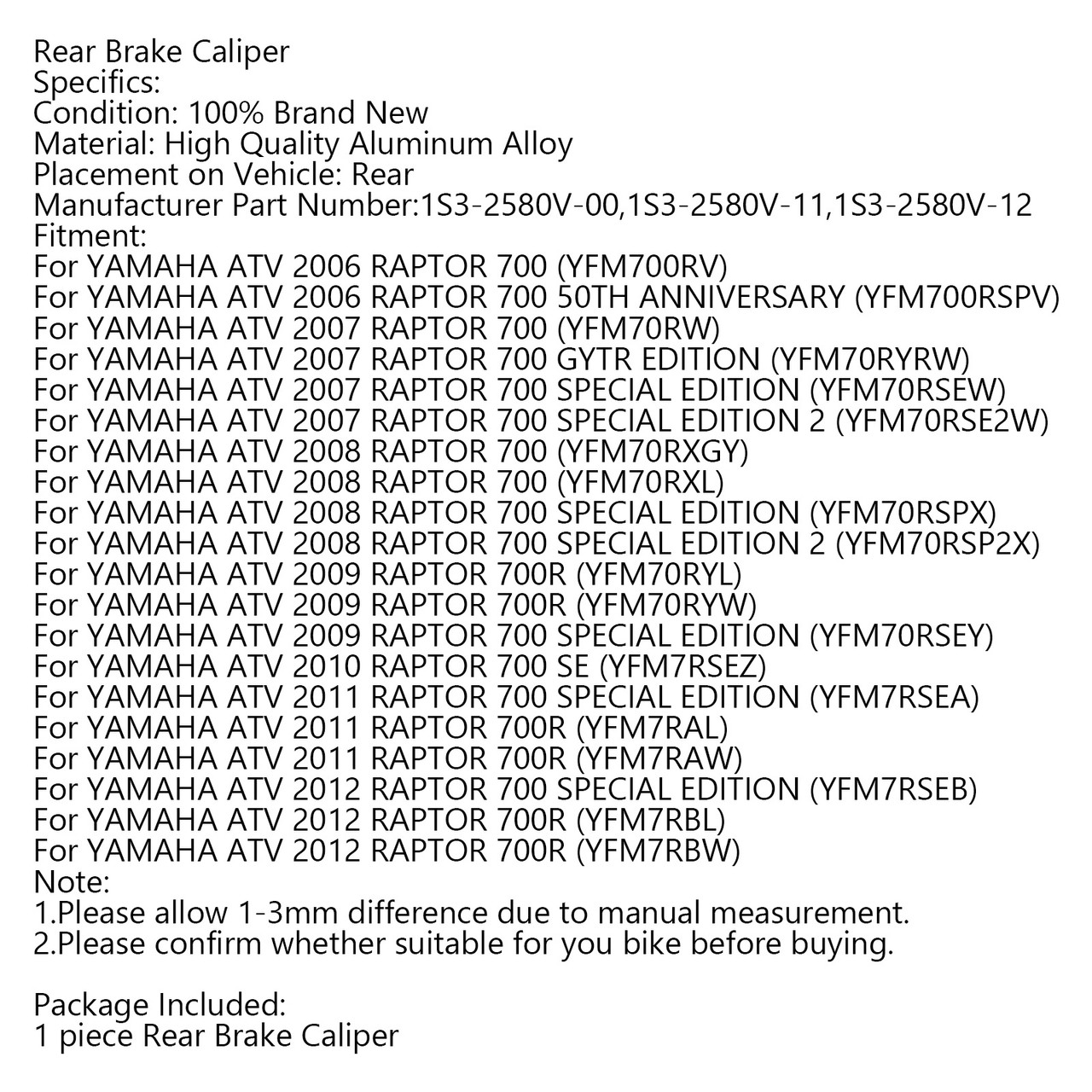 Rear Brake Caliper For YAMAHA ATV RAPTOR 700 06-10 700R 11-12 Silver