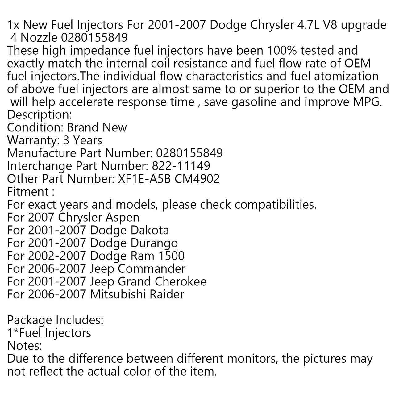 Fuel Injectors 0280155849 For Chrysler 4.7L V8 Upgrade 4 Nozzle Blue