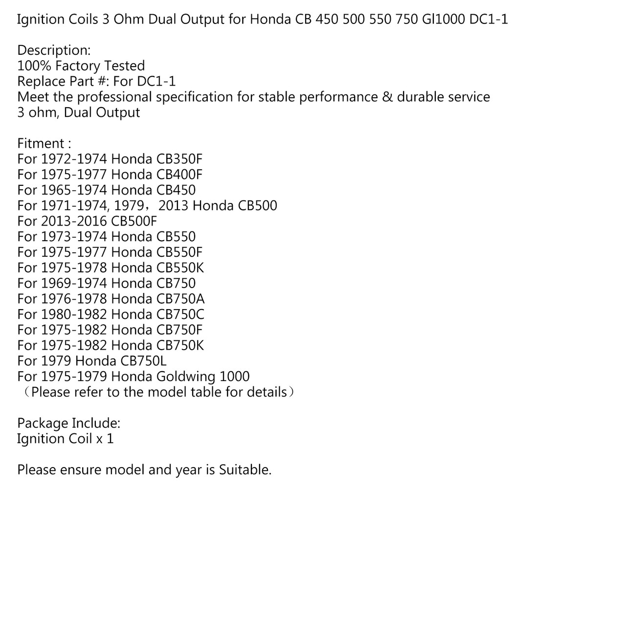 Ignition Coils 3 Ohm Dual Output for Honda CB 450 500 550 750 Gl1000 DC1-1