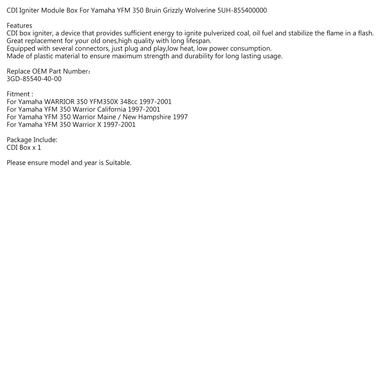 CDI MODULE For YAMAHA Warrior 350 YFM350X 348cc 97-01