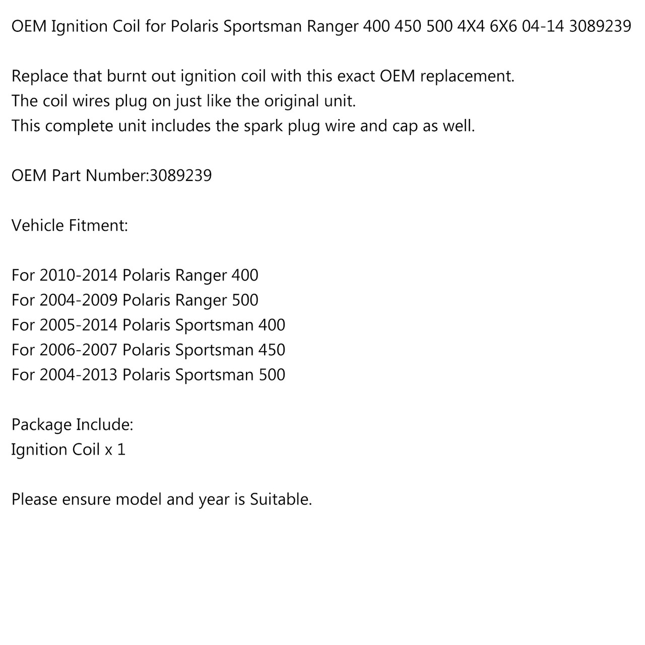 Ignition Coil for Polaris Ranger 400 10-14 500 04-09 Sportsman 400 05-14 450 06-07 500 04-13