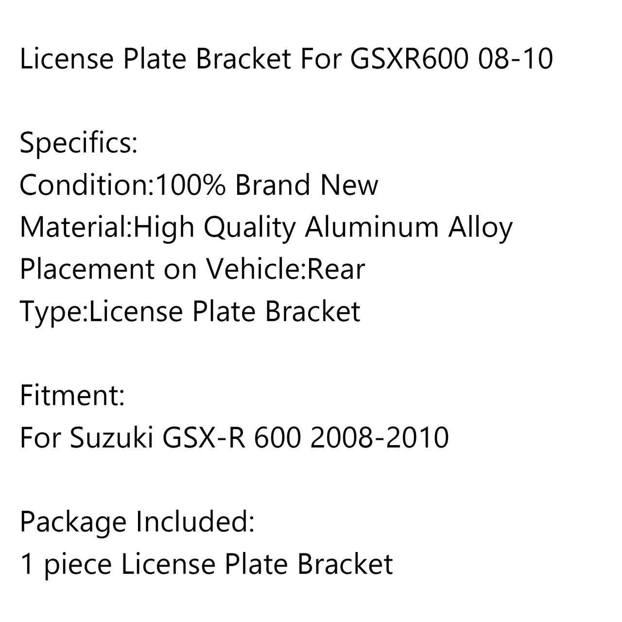 Rear License Plate Holder Bracket For Suzuki GSX-R 600 2008-2010 Black