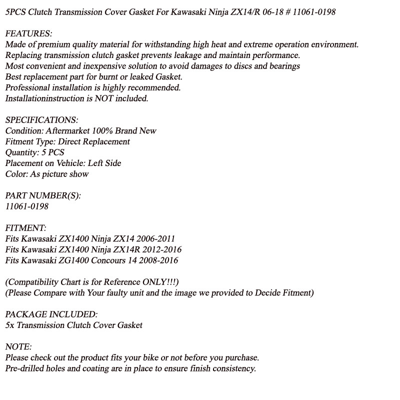 5PCS Clutch Transmission Gaskets for Kawasaki Ninja ZX-14/14R/Concours 14 06-16