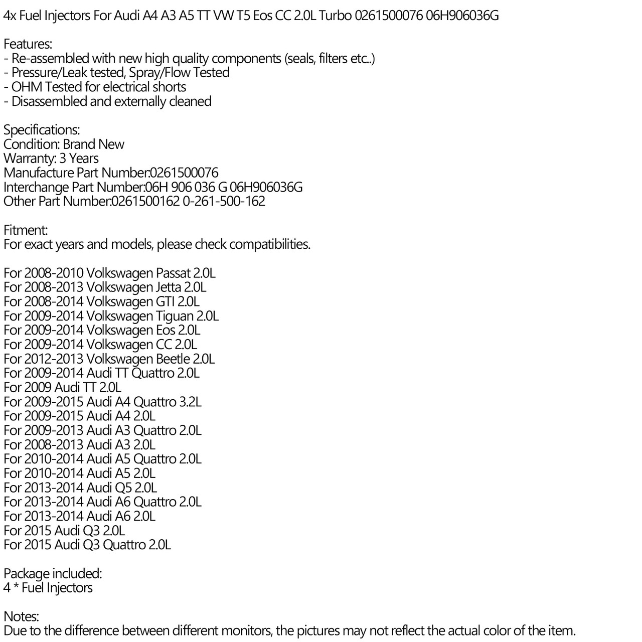 4x Fuel Injectors For Audi A4 A3 A5 TT VW T5 Eos CC 2.0L Turbo 0261500076 06H906036G Silver