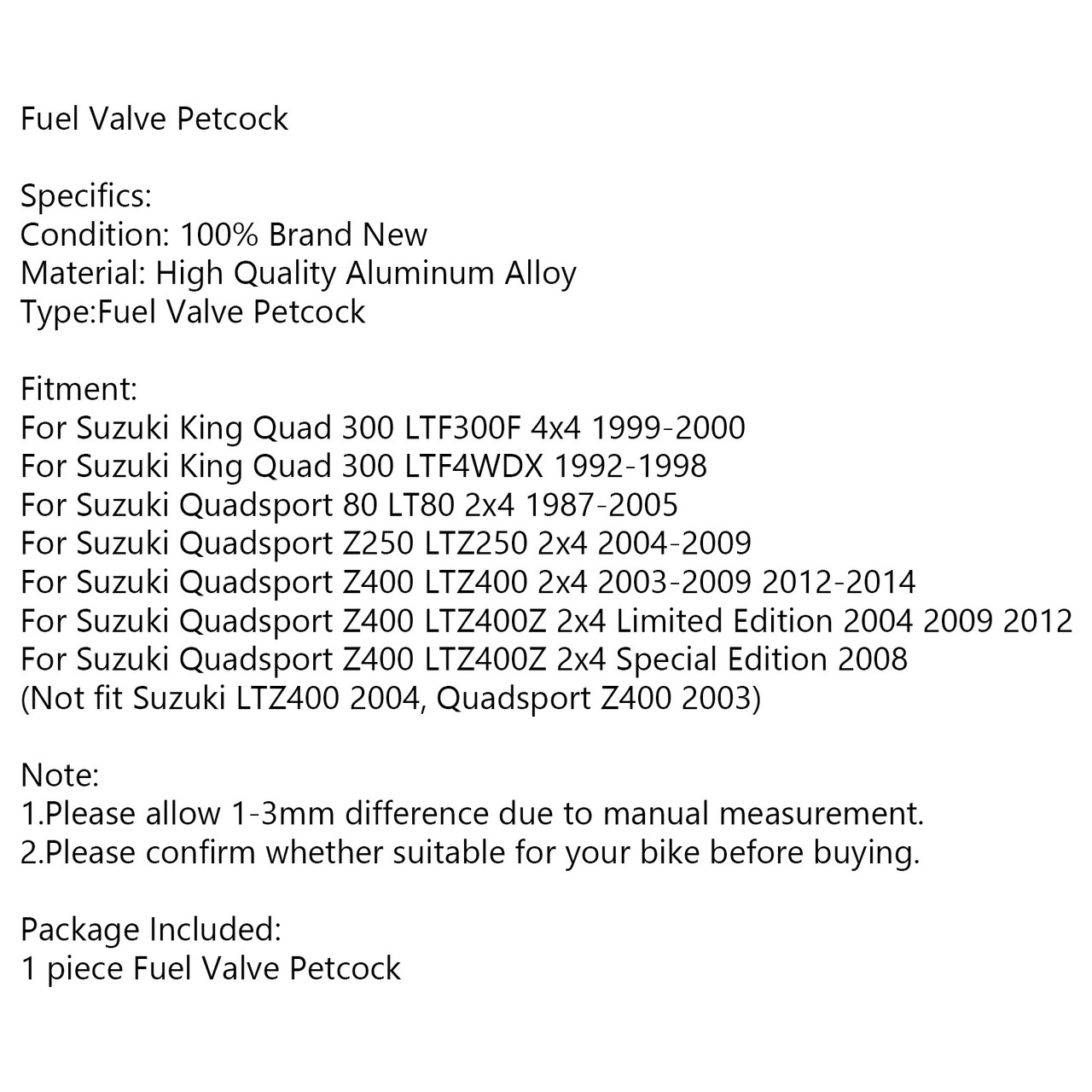 Gas Fuel Petcock Valve Switch For Suzuki King Quad 300 LTF300F 4x4 99-00 300 LTF4WDX 92-98 Quadsport 80 LT80 2x4 87-05 Z250 LTZ250 2x4 04-09 Z400 LTZ400 2x4 03-09 12-14