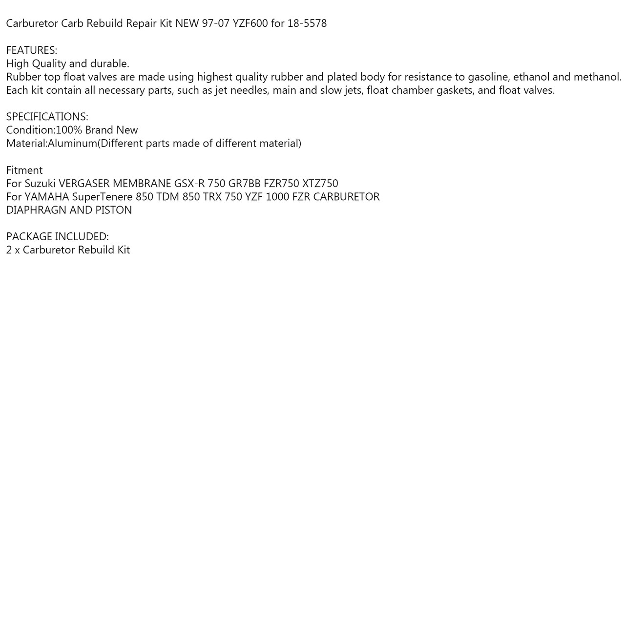 2PC Carburetor Diaphragm Plunger for Suzuki GSX-R for Yamaha FZR750 XTZ750 TDM850