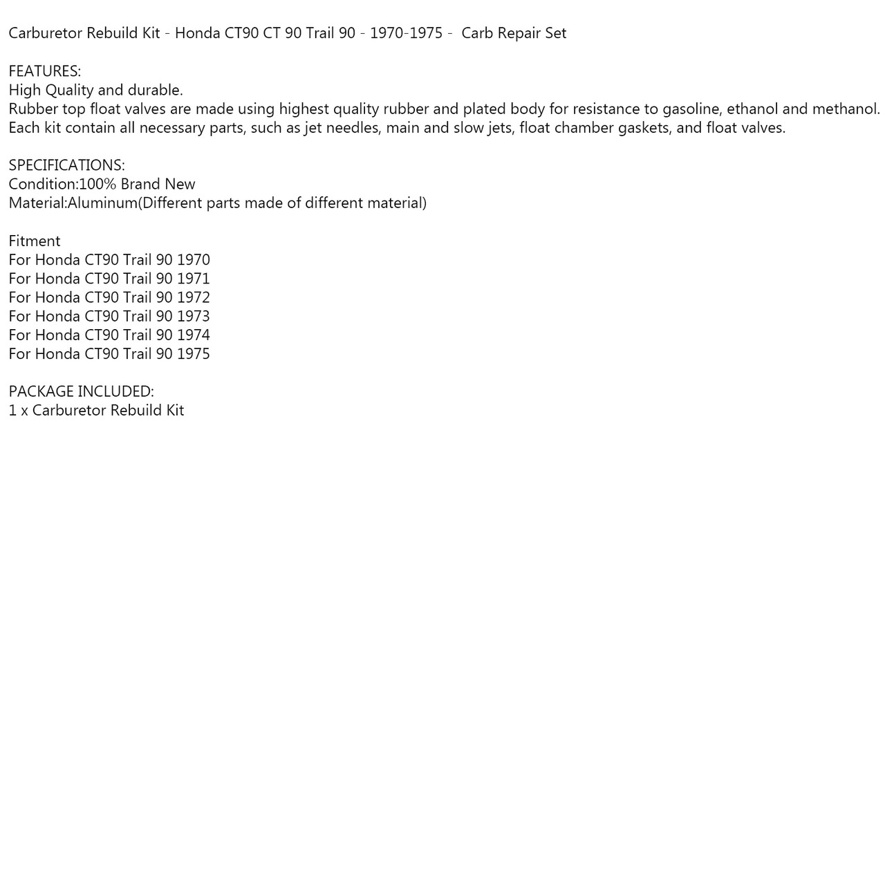 Carburetor Carb Repair Rebuild Seal Kit for Honda CT90 CT 90 Trail 90 1970-1975