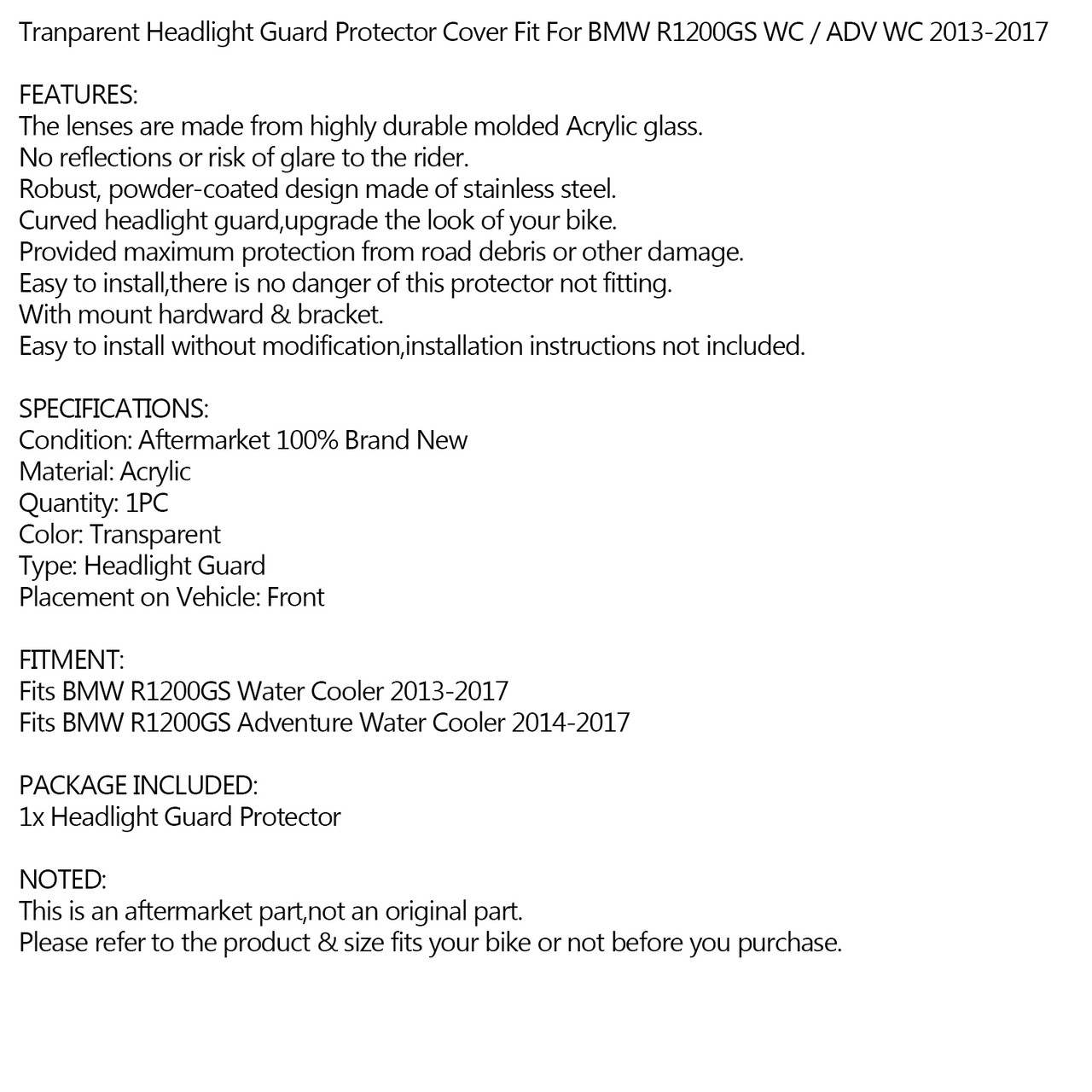 Transparent Headlight Guard for BMW R1200GS Water Cooler 13-17 R1200GS Adventure Water Cooler 14-17 Gray