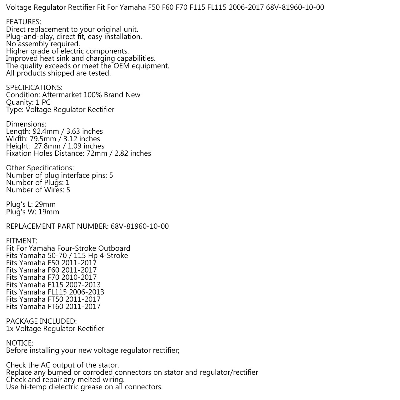 Voltage Rectifier Regulator For Yamaha Four-Stroke Outboard 50-70 / 115 Hp 4-Stroke F50 F60 FT50 FT60 11-17 F70 10-17 F115 07-13 FL115 06-13