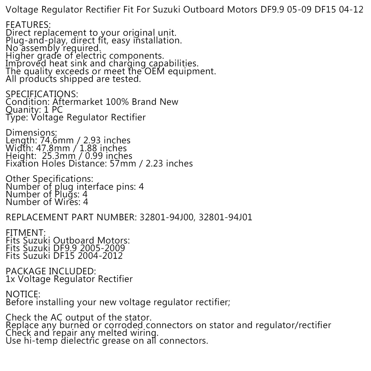 Rectifier Regulator for Suzuki DF9.9 05-09 DF15 04-12