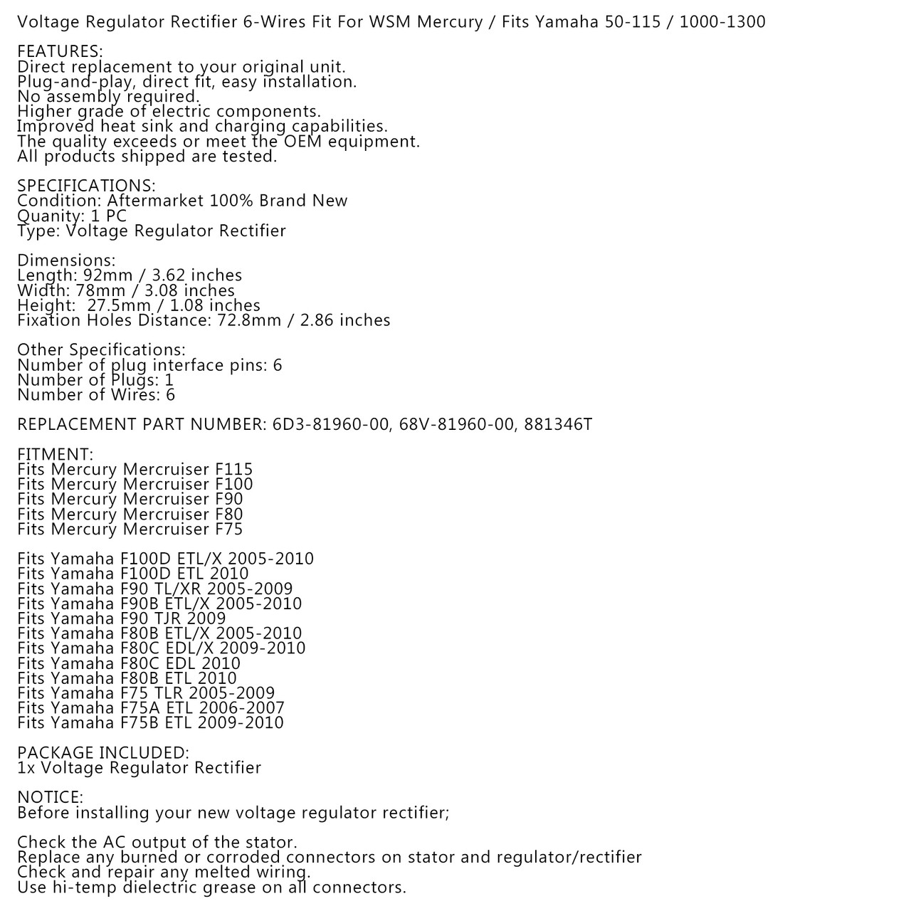 Voltage Rectifier Regulator for Yamaha F100D ETL/X F90B ETL/X 05-10 F100D ETL 2010 F90 TL/XR 05-09 F90 TJR 2009 F80B ETL/X 05-10