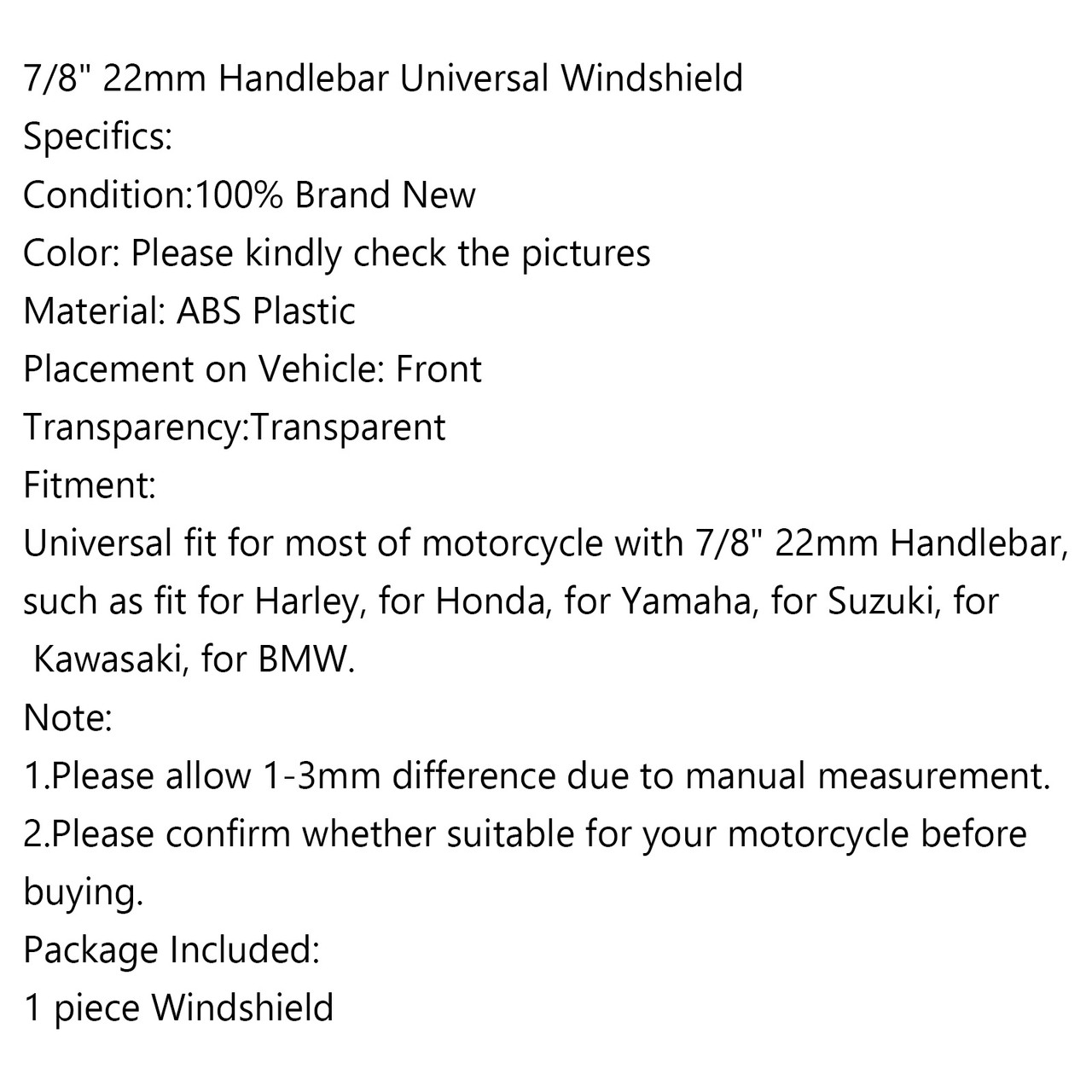 Universal 7/8" 22mm Handlebar ABS Plastic Motorcycle Windshield WindScreen Black