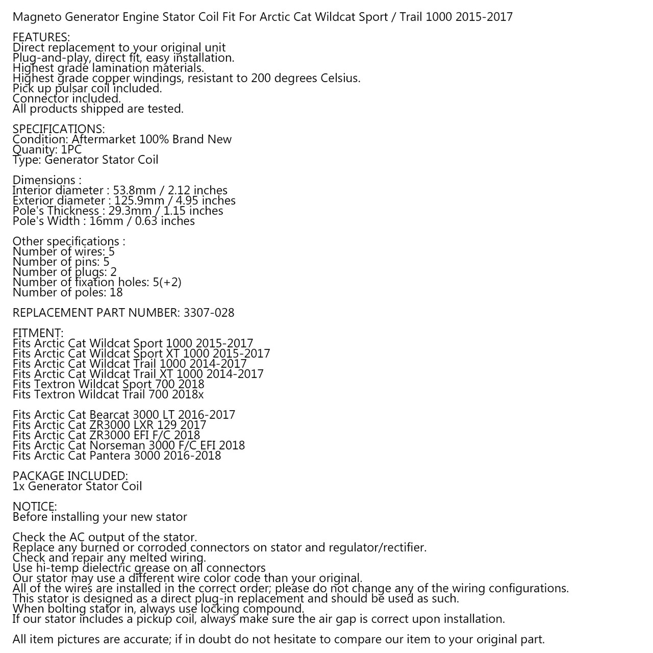 Alternator Magneto Stator for Arctic Cat Wildcat Sport 1000 Wildcat Sport XT 1000 15-17 Arctic Cat Wildcat Trail 1000 Trail XT 1000 14-17