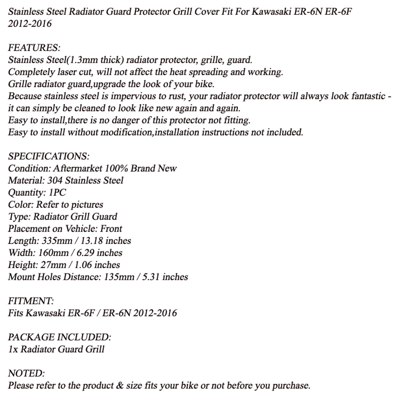 Stainless Steel Radiator Guard Prorector for Kawasaki ER-6F ER-6N 12-16 Black