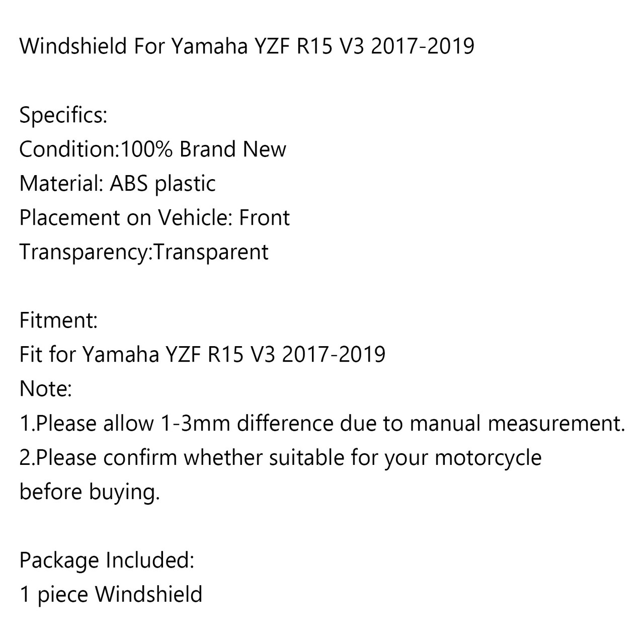 2017-2020 Yamaha YZF R15 V3 ABS Plastic Motorcycle Windshield WindScreen Black