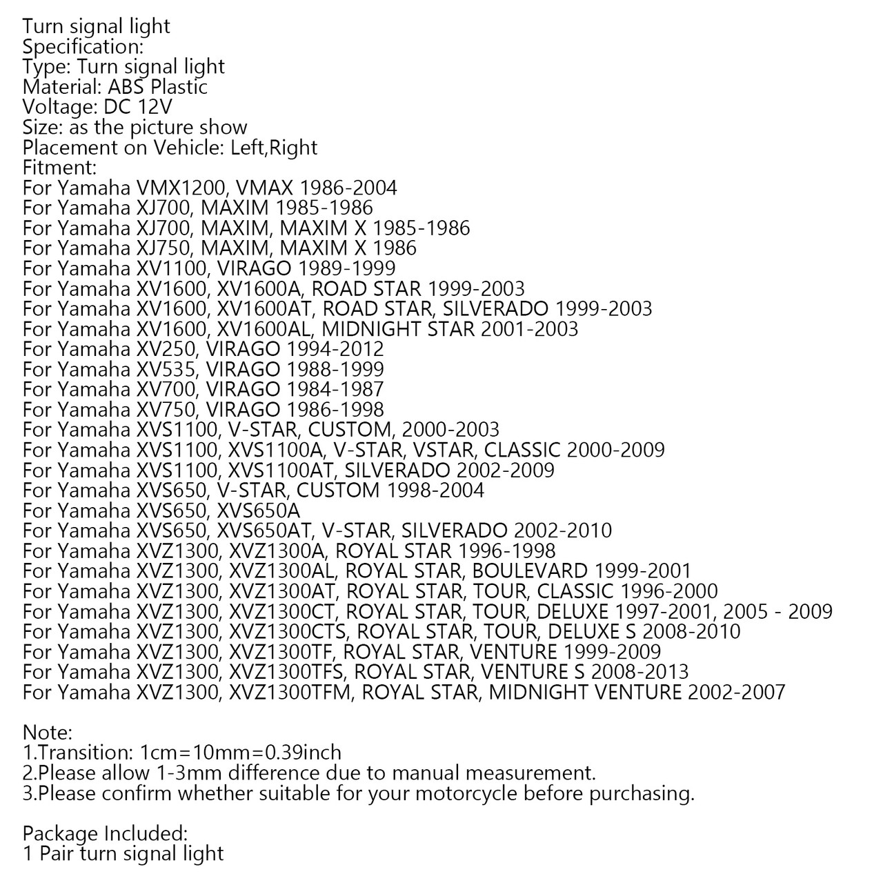 Turn Indicator Signal for Yamaha XV535 XV920 Virago XV1100 XVS1100 Amber