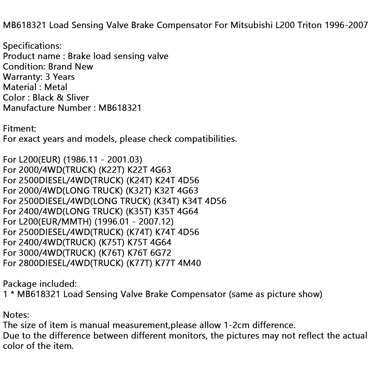 MB618321 Load Sensing Valve Brake Compensator For Mitsubishi L200 Triton 1996-2007 Black