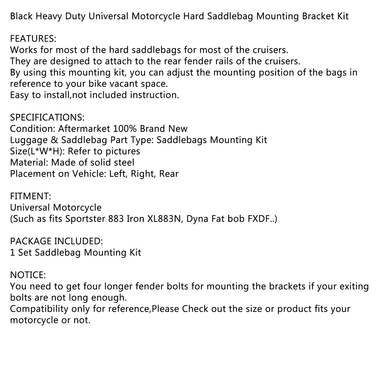 Saddlebag Support Mounting Bracket Universal for Sportster 883 Fat bob FXDF Dyna BK Black
