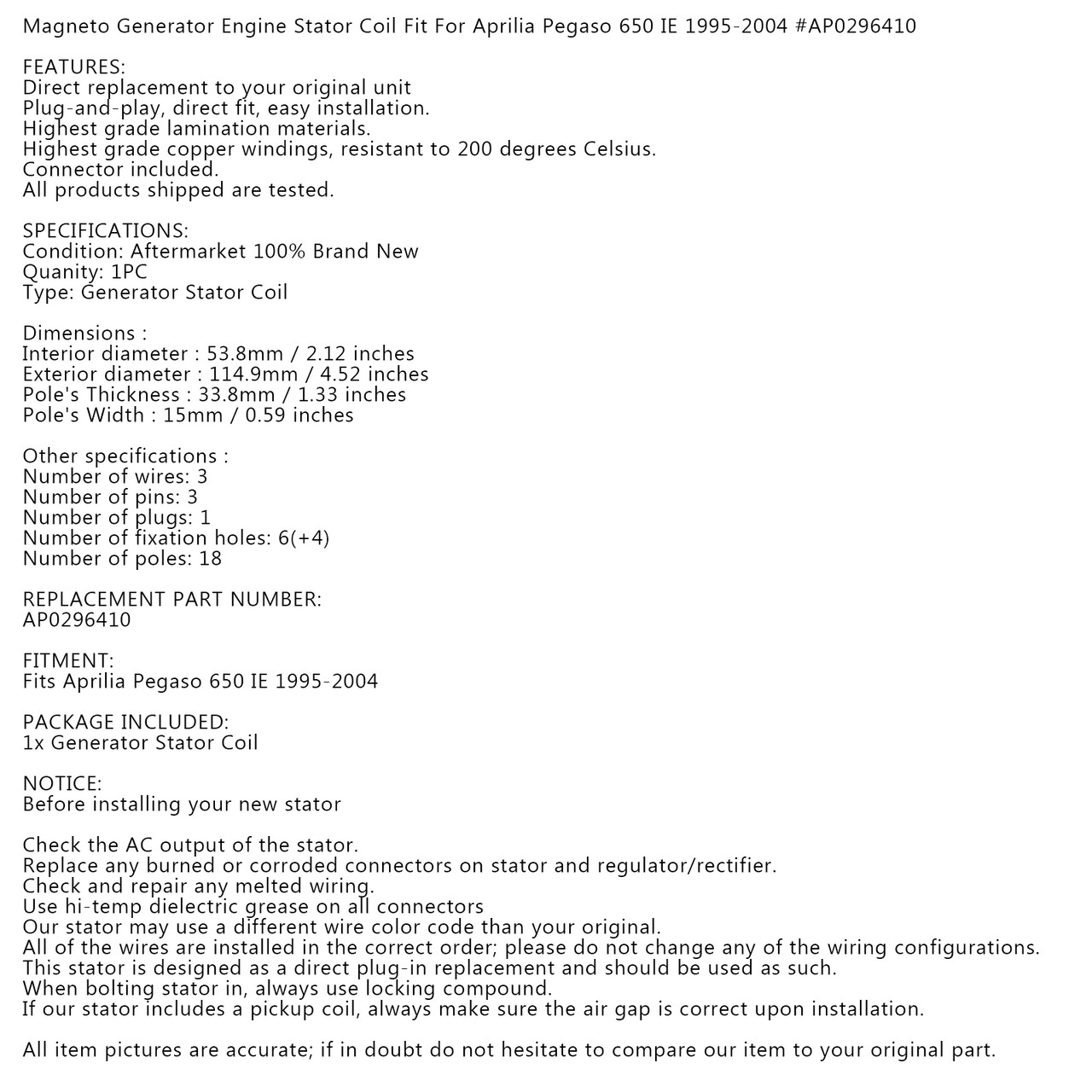 Stator Generator Magneto for Aprilia Pegaso 650 IE 95-04 AP0296410