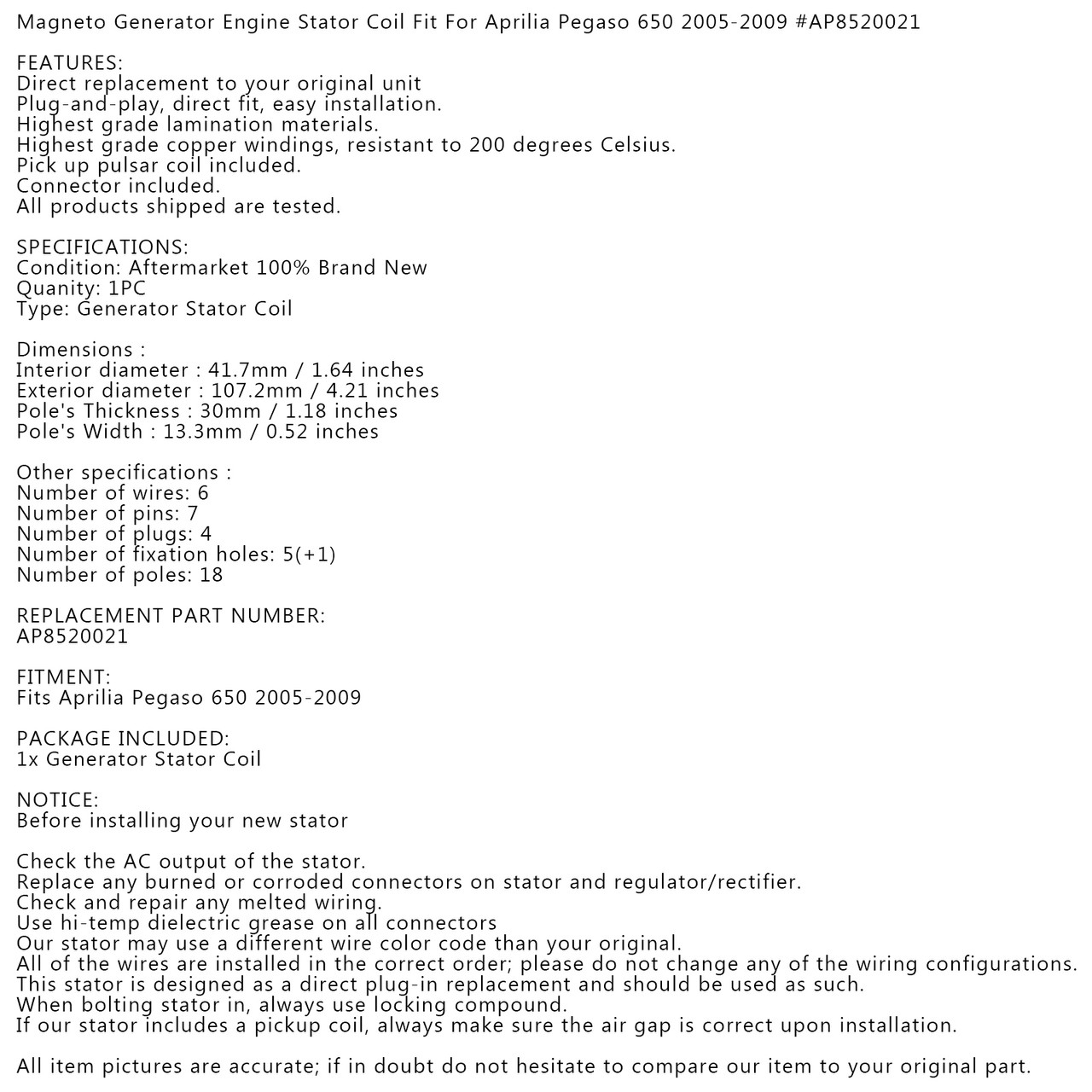 Stator Generator Magneto for Aprilia Pegaso 650 05-09 AP8520021