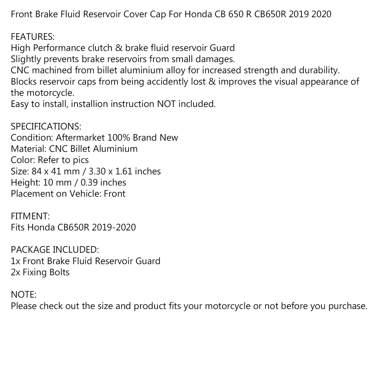 Front Brake Fluid Reservoir Cover Cap for Honda CB650R CB 650 R 2019-2020 Black