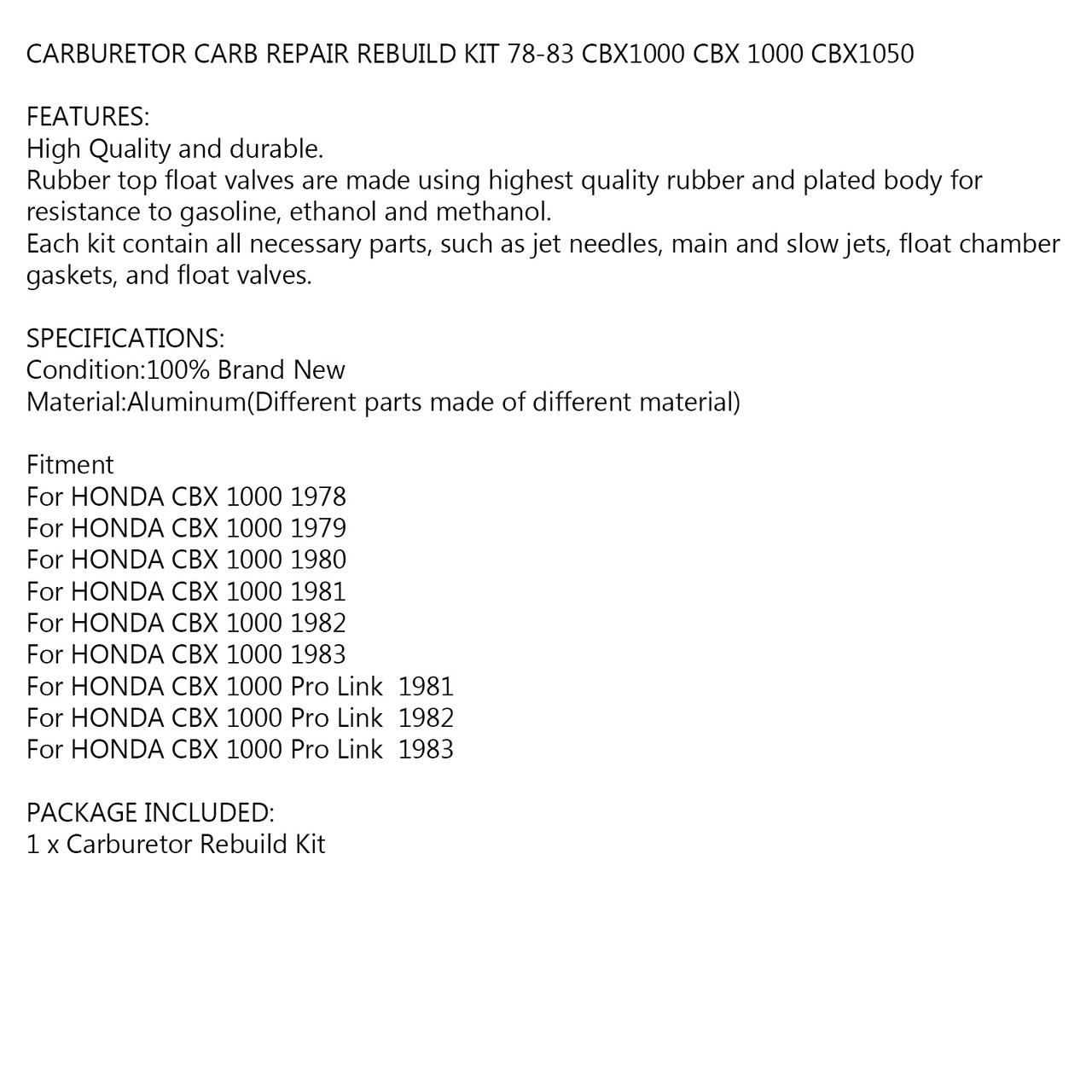 CARBURETOR CARB REPAIR REBUILD KIT For HONDA CBX1000 CBX 1000 CBX1050 1978-1983
