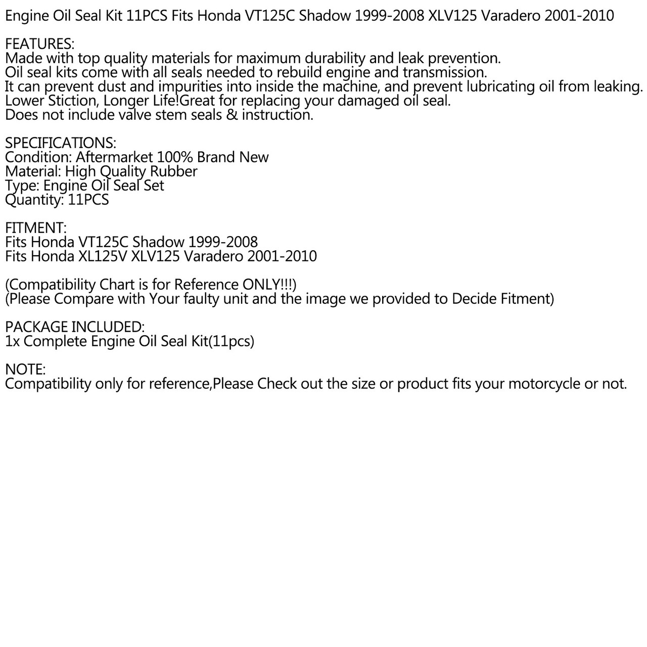 11pcs Engine Oil Seal Kit Set for Honda XL125V XLV125 01-10 VT125C Shadow 99-08