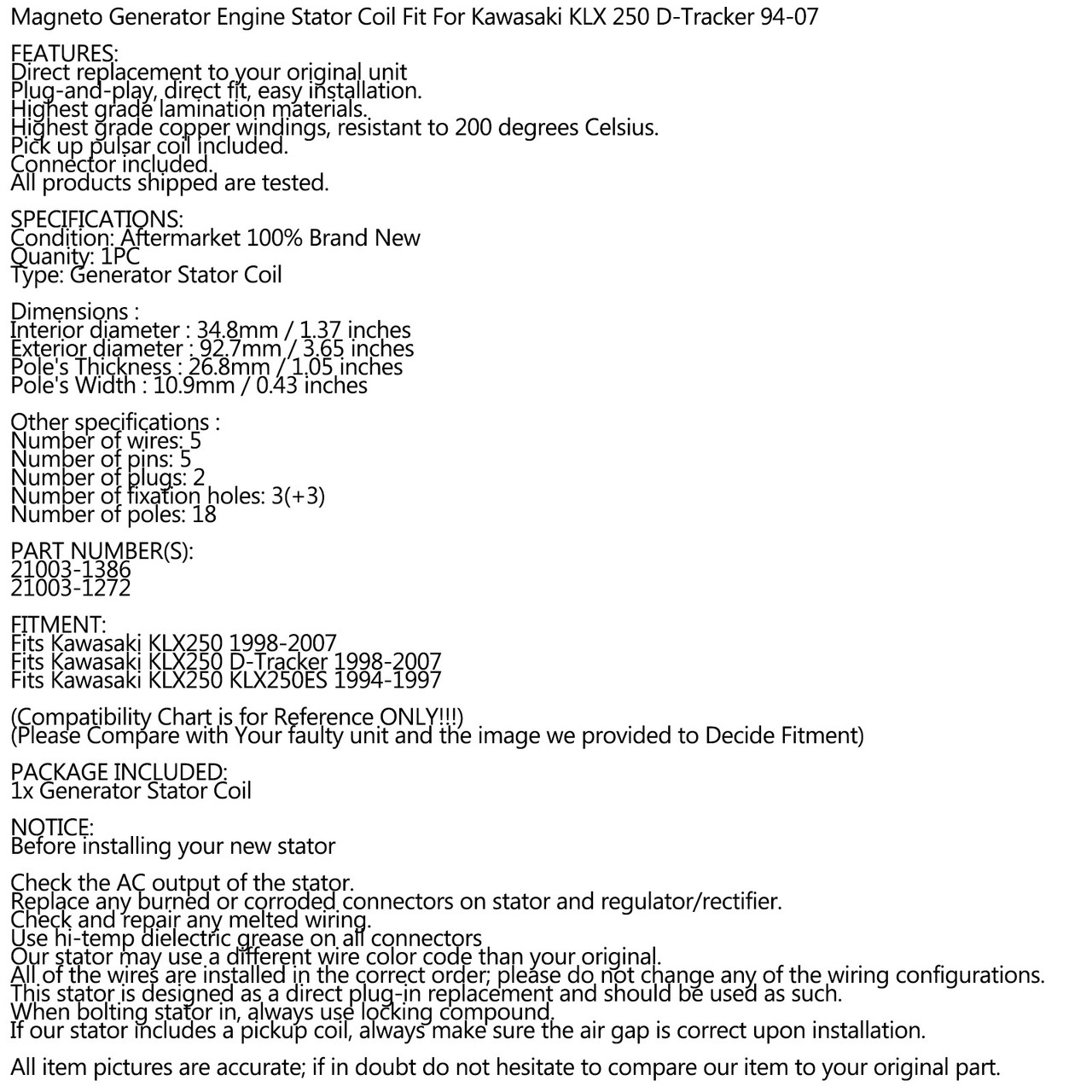 Stator Generator for Kawasaki KLX250 D-Tracker 98-07 KLX250ES 94-97 21003-1272
