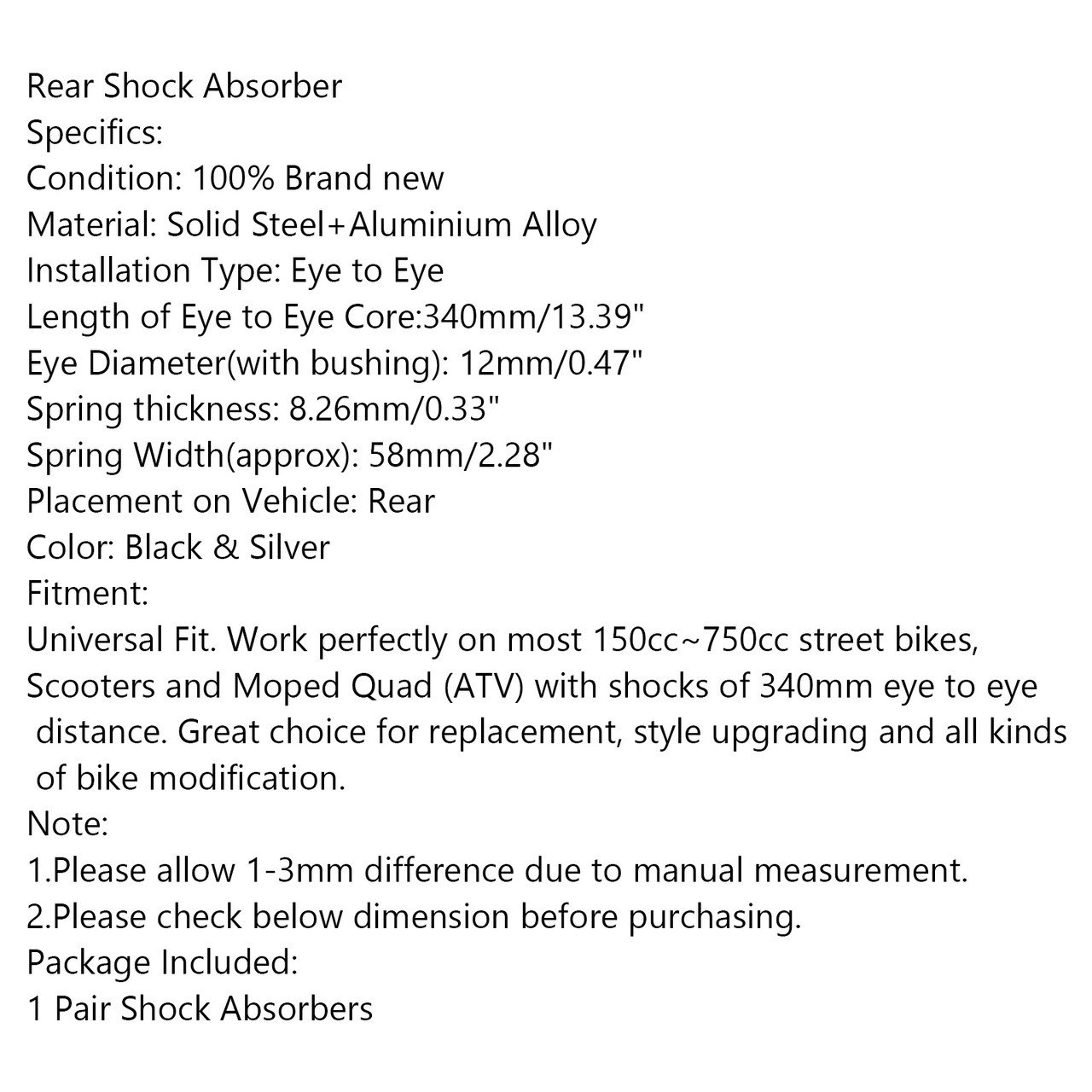 Universal Adjustable 340mm Rear Suspension Air Shock Absorbers For Suzuki Yamaha Honda