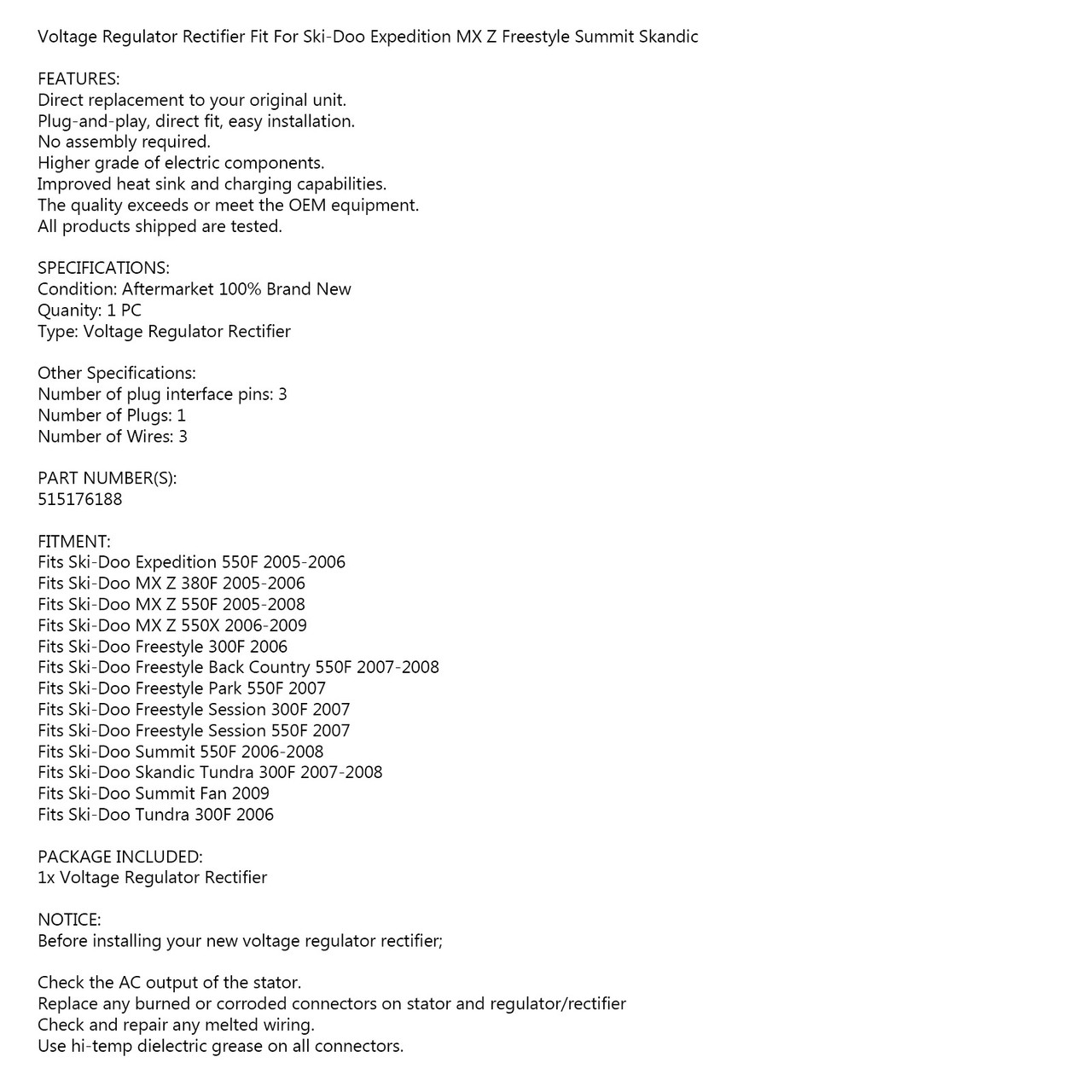 Regulator Rectifier for Ski-Doo 300F 380F 550F MXZ Freestyle Summit 515176188