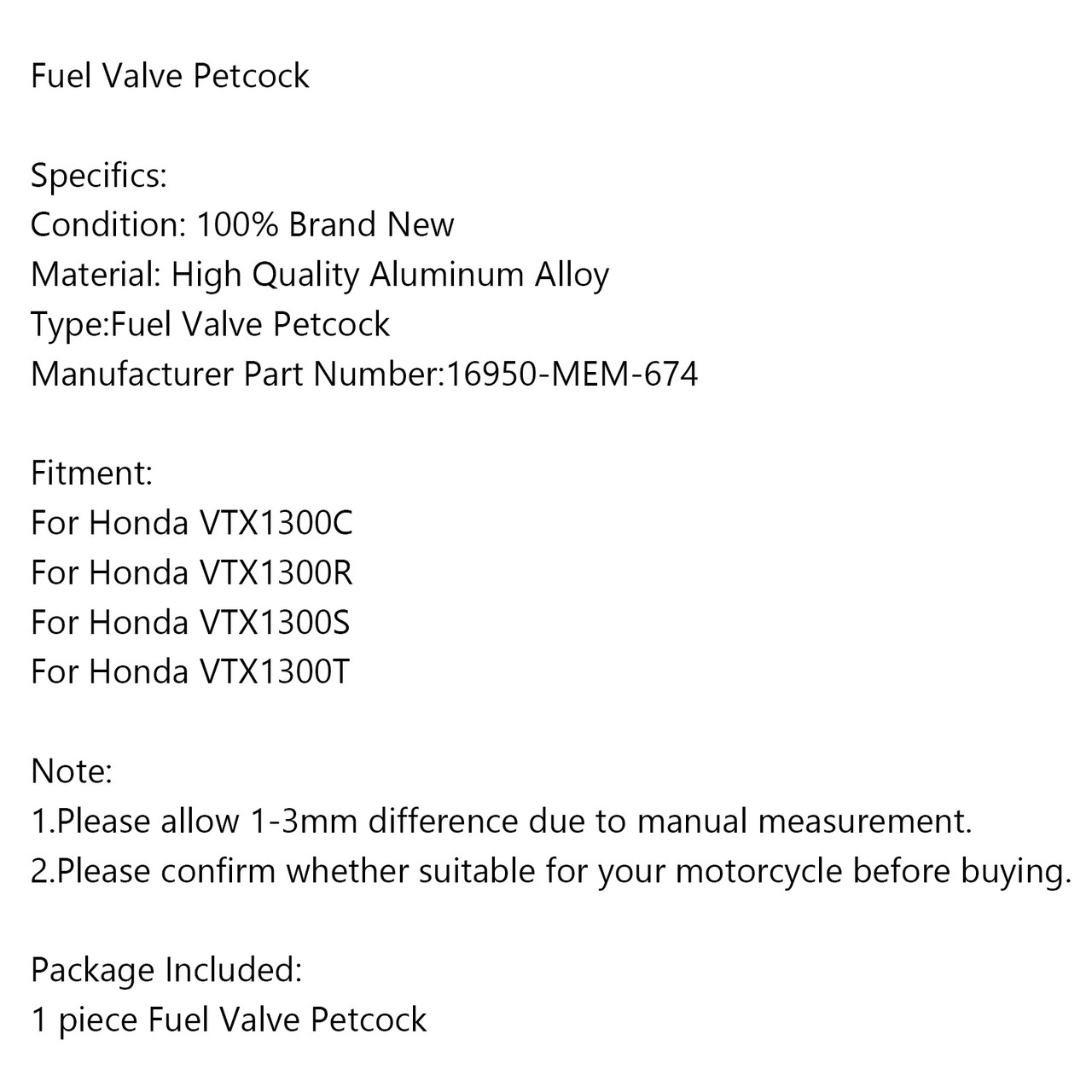 Fuel Vacuum Petcock for Honda VTX1300C VTX1300R VTX1300S VTX1300T 16950-MEM-674