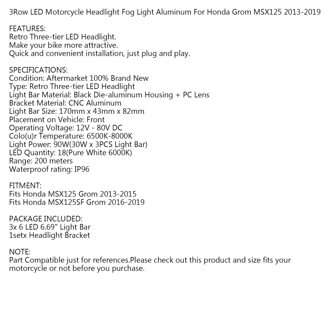 3Row LED Headlight Fog Light Aluminum for Honda MSX125 Grom 13-15 MSX125SF Grom 16-19 Black