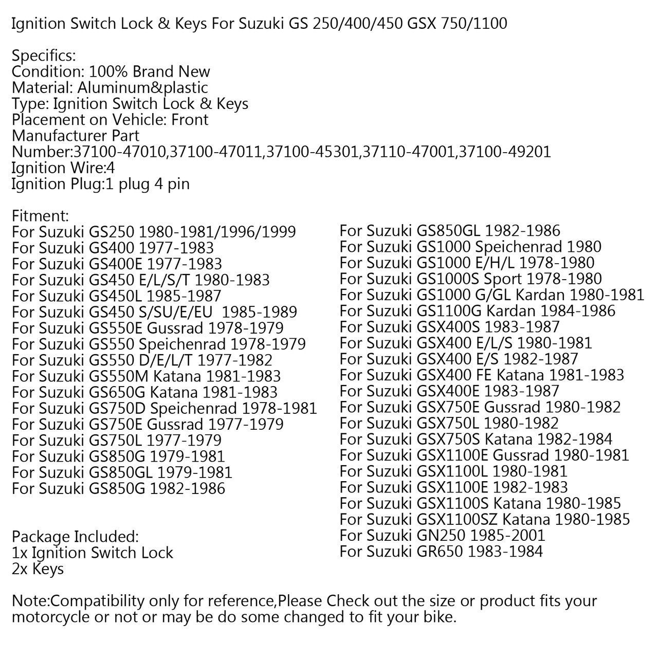 Ignition Switch Lock Keys Fit For Suzuki GSX400 E/L/S FE Katana FE Katana 80-87 750E S L Gussrad Katana 80-85 GN250 GR650 83-01