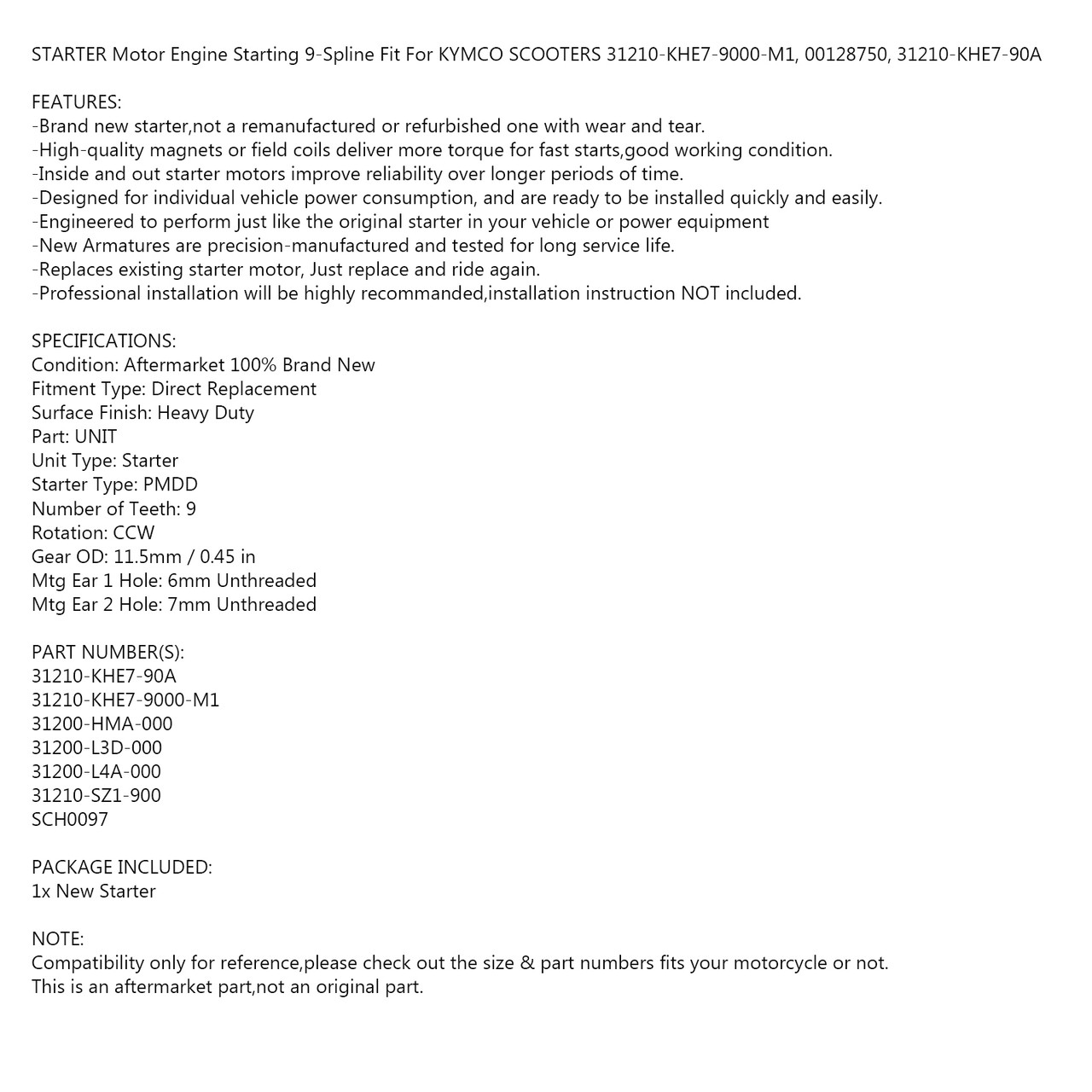 Motor Engine Starting 9-Spline Fit For DAELIM S2 SQ Freewing 250 06-15 31210-SZ1-900 S2 250