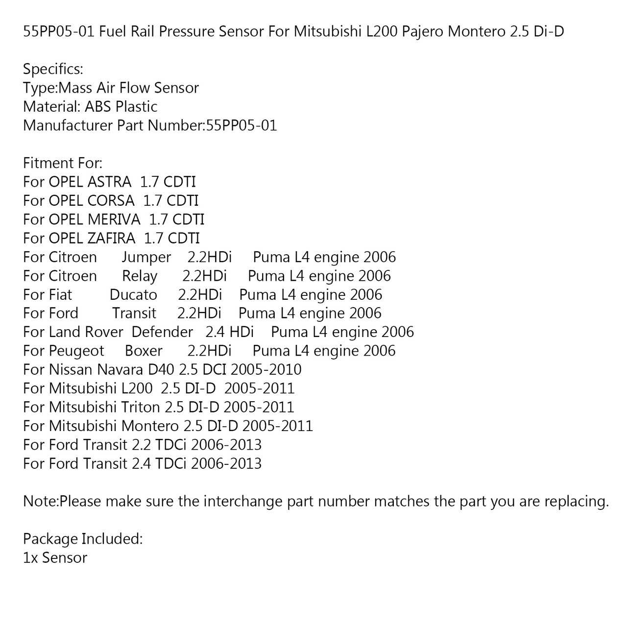 Fuel Rail Pressure Sensor Fit For OPEL ASTRA CORSA MERIVA ZAFIRA 1.7 CDTI Relay 06 Fiat Citroen Jumper Ducato Land Rover Defender Peugeot Boxer 55PP05-01